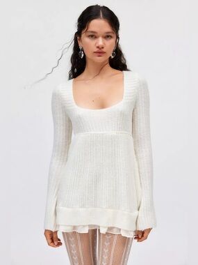 UO Kimchi Blue Hannah Ruffle Trim Babydoll Sweater